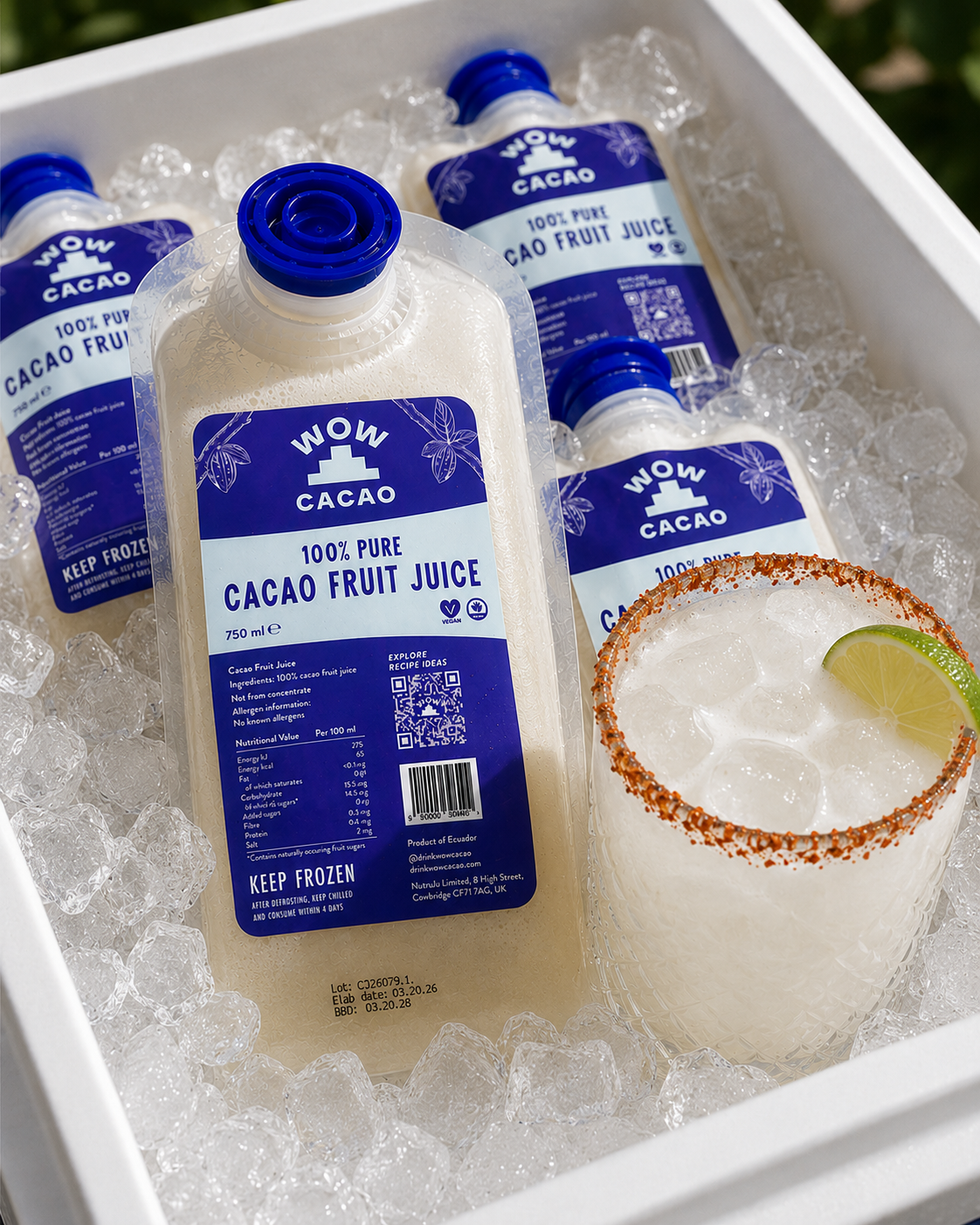Wow Cacao frozen cacao fruit juice 750ml served in a glass