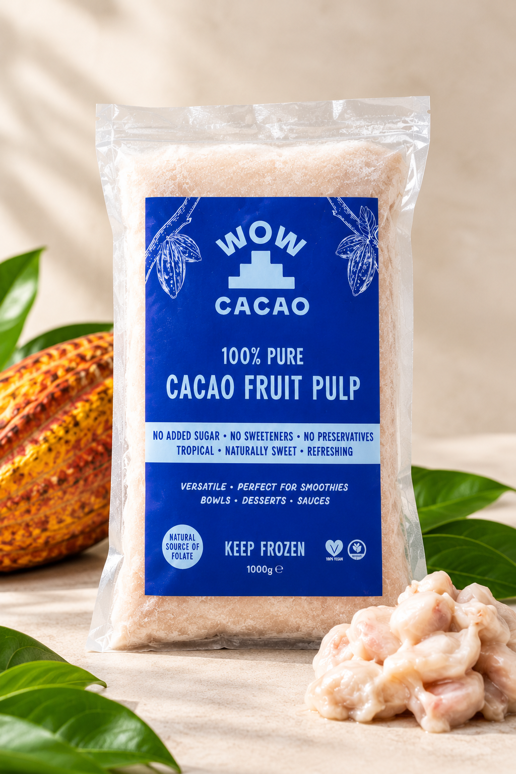 Wow Cacao 100% Pure Frozen Cacao Pulp 1kg pouch, label detail.