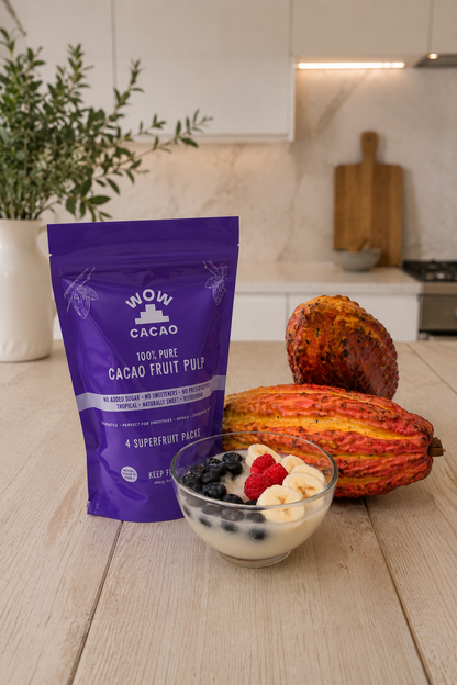 Wow Cacao 100 g frozen cacao fruit pulp pouch, label detail