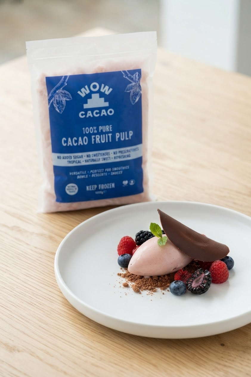 Cacao fruit pulp sorbet plated with berries, made with Wow Cacao 1kg pulp.