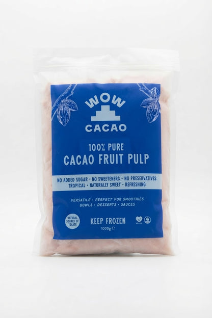 Wow Cacao 100% Pure Frozen Cacao Pulp 1kg resealable pouch, front view.