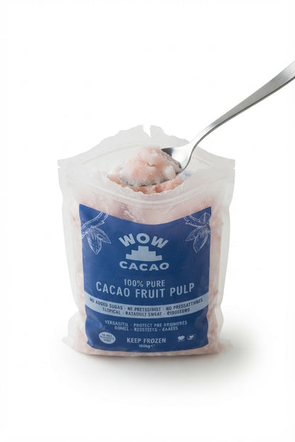 Wow Cacao 100% Pure Frozen Cacao Pulp 1kg resealable pouch, front view.