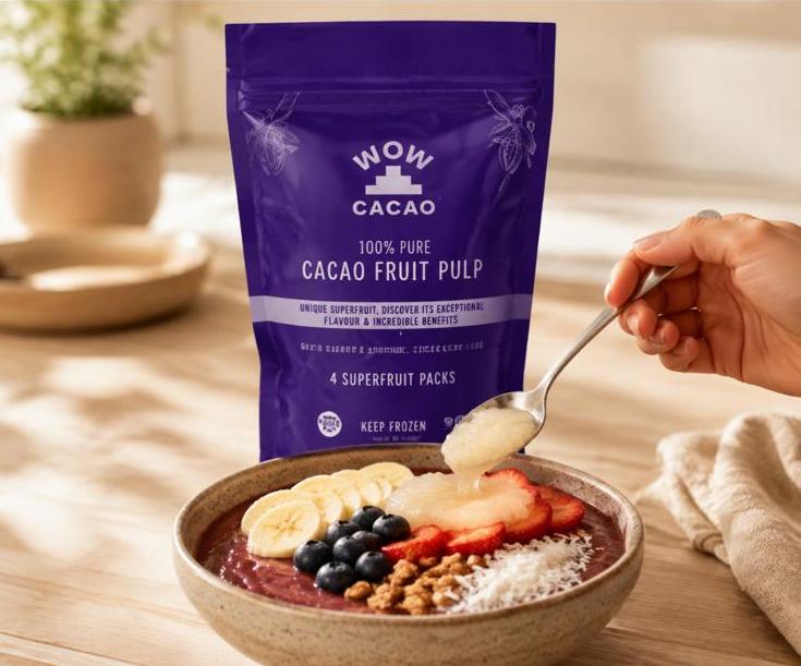 Wow Cacao 100% Pure Frozen Cacao Pulp 4 x 100 g pouch, front view
