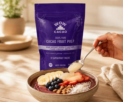 Wow Cacao 100% Pure Frozen Cacao Pulp 4 x 100 g pouch, front view